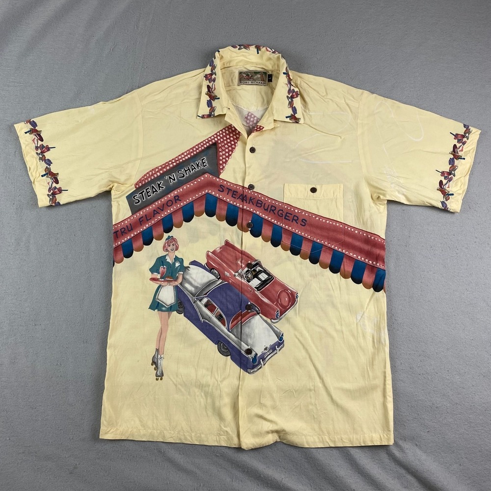 TORI RICHARD Steak N Shake Hot Rod Hawaiian Shirt Mens L VTG 90s Retro